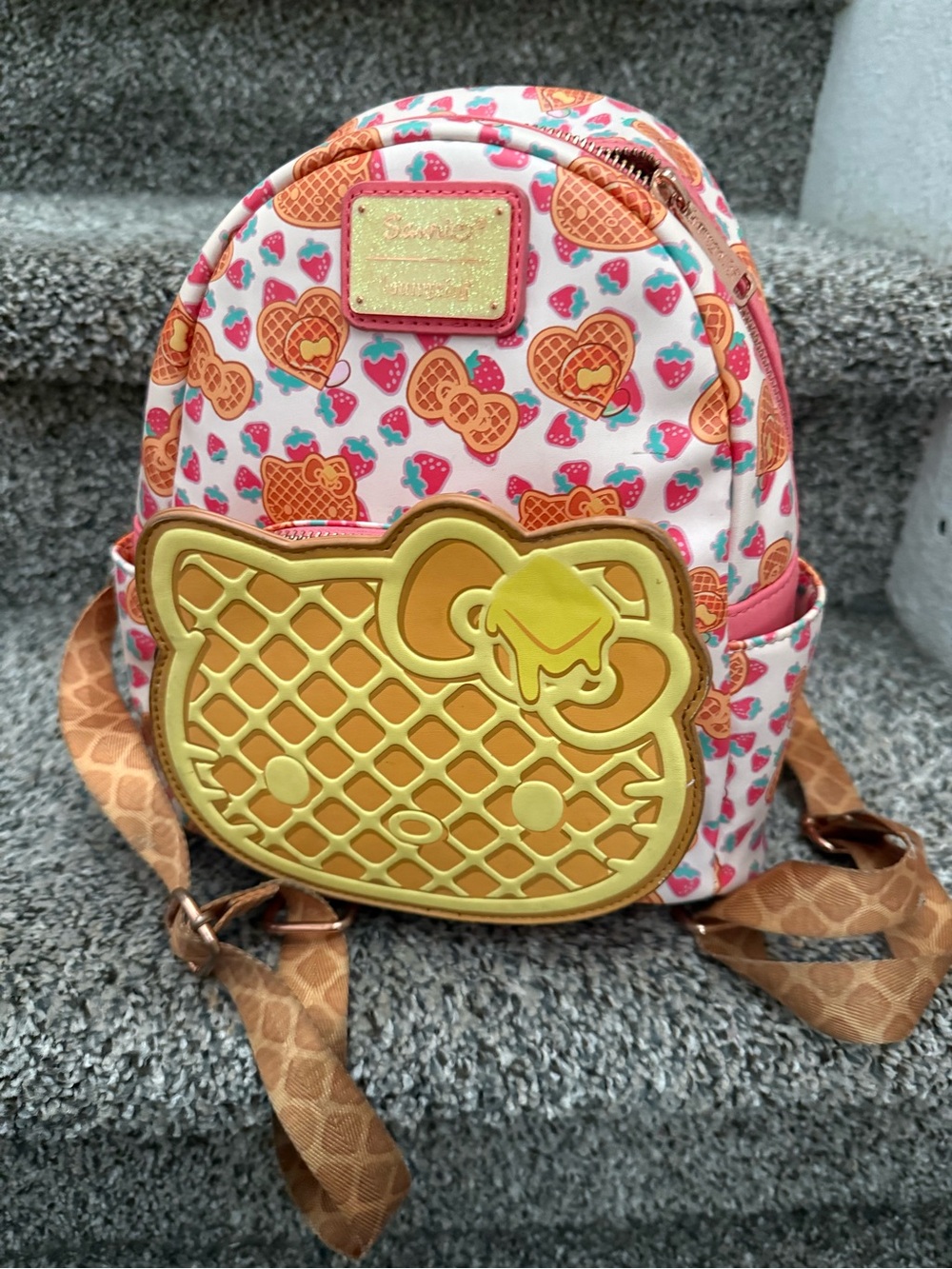 Sanrio Pink, Yellow & Orange  Mini Backpack with Waffle Bear Face